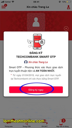 Cach dang ky smart otp techcombank