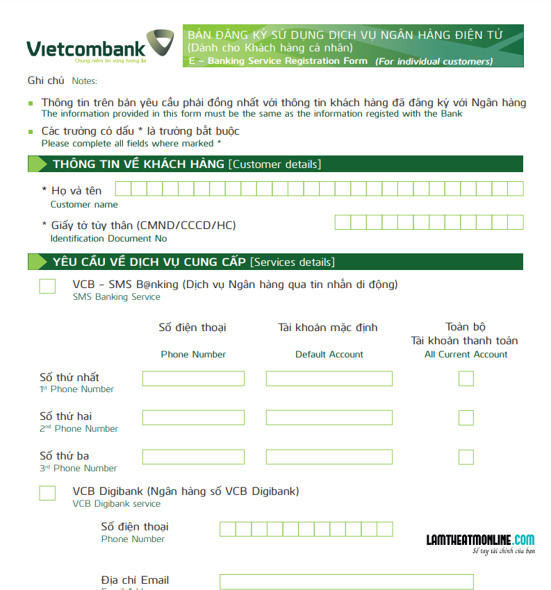 Mẫu đăng ký SMS Banking Vietcombank
