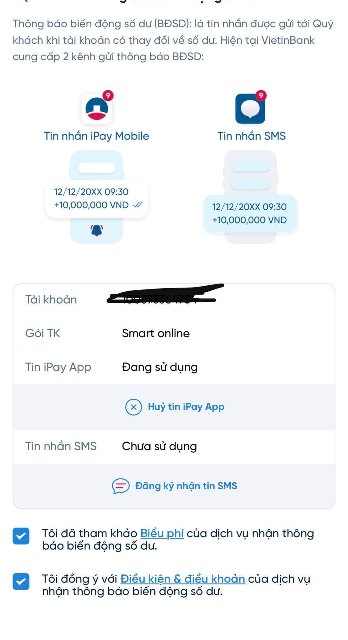 đăng ký SMS Banking Vietinbank